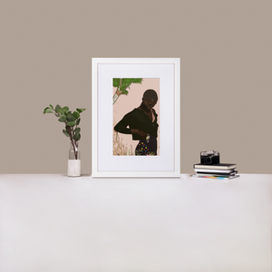 A digital fashion illustration of model Amar Akway posing in garden wearing a Miu Miu sweater and skirt, inside of a white frame standing on a white table next to a plant and a stack of books