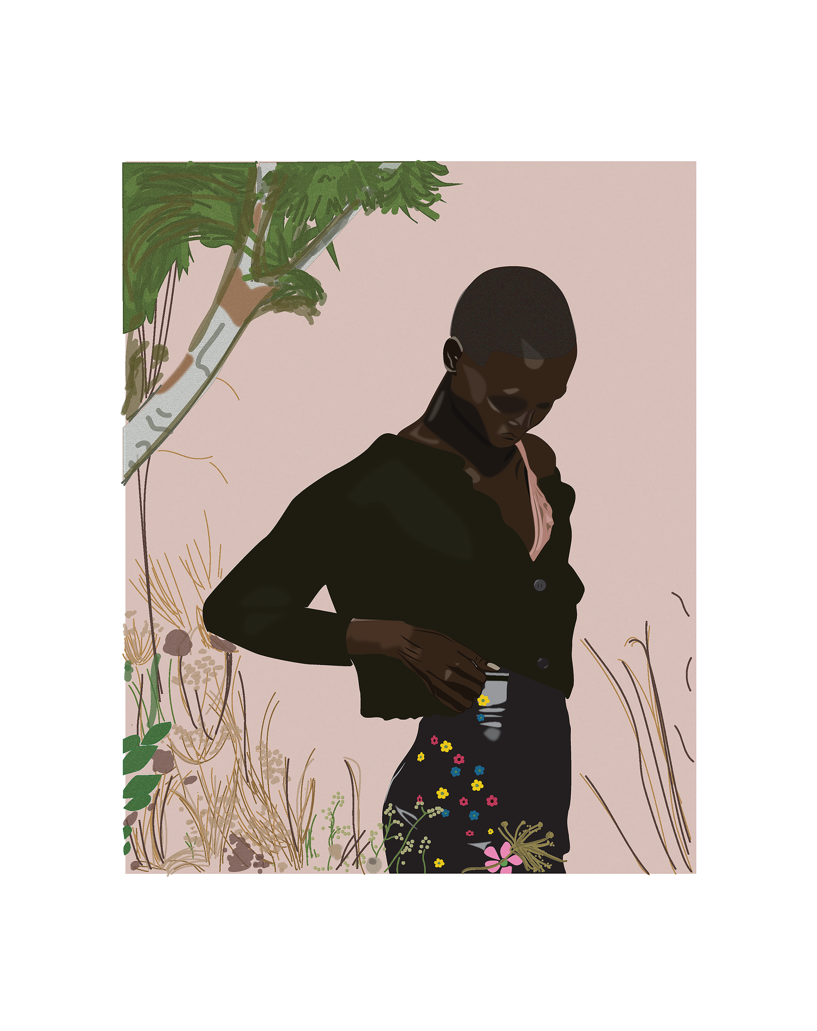 A digital fashion illustration print of Black model Amar Akway posing in a garden wearing a Black Miu Miu sweater and skirt