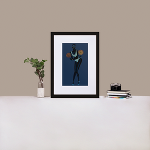 Monochrome painting of beautiful Black model Adut Akech wearing a Chanel swimsuit and holding pressed flowers with a dark blue background in a black frame with matting, standing on a desk with a plant and books