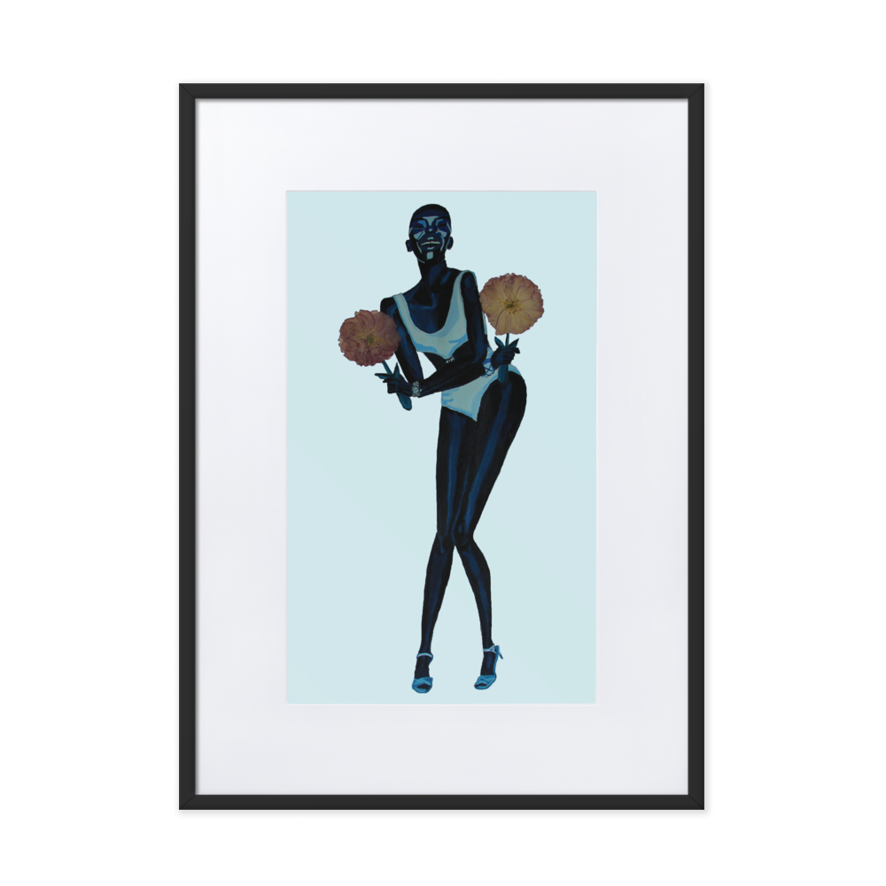 Monochrome blue painting of Black model Adut Akech wearing a Chanel one-piece swimsuit and holding pressed flowers, with a light blue background in a black frame with matting