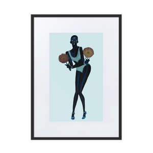 Monochrome blue painting of Black model Adut Akech wearing a Chanel one-piece swimsuit and holding pressed flowers, with a light blue background in a black frame with matting
