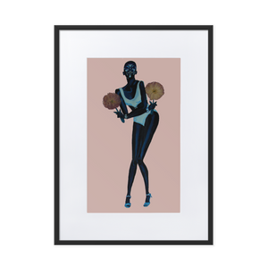 Blue painting of Black supermodel Adut Akech holding pink pressed flowers and modeling a Chanel swimsuit with a light pink background in a black frame with matting
