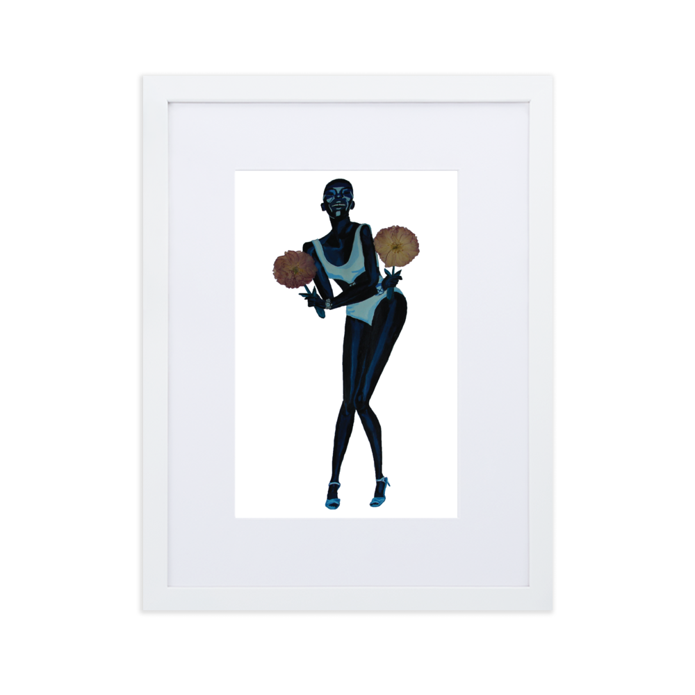 Monochrome blue painting of Black supermodel Adut Akech modeling a Chanel swimsuit and holding pressed flowers, in a white frame with matting