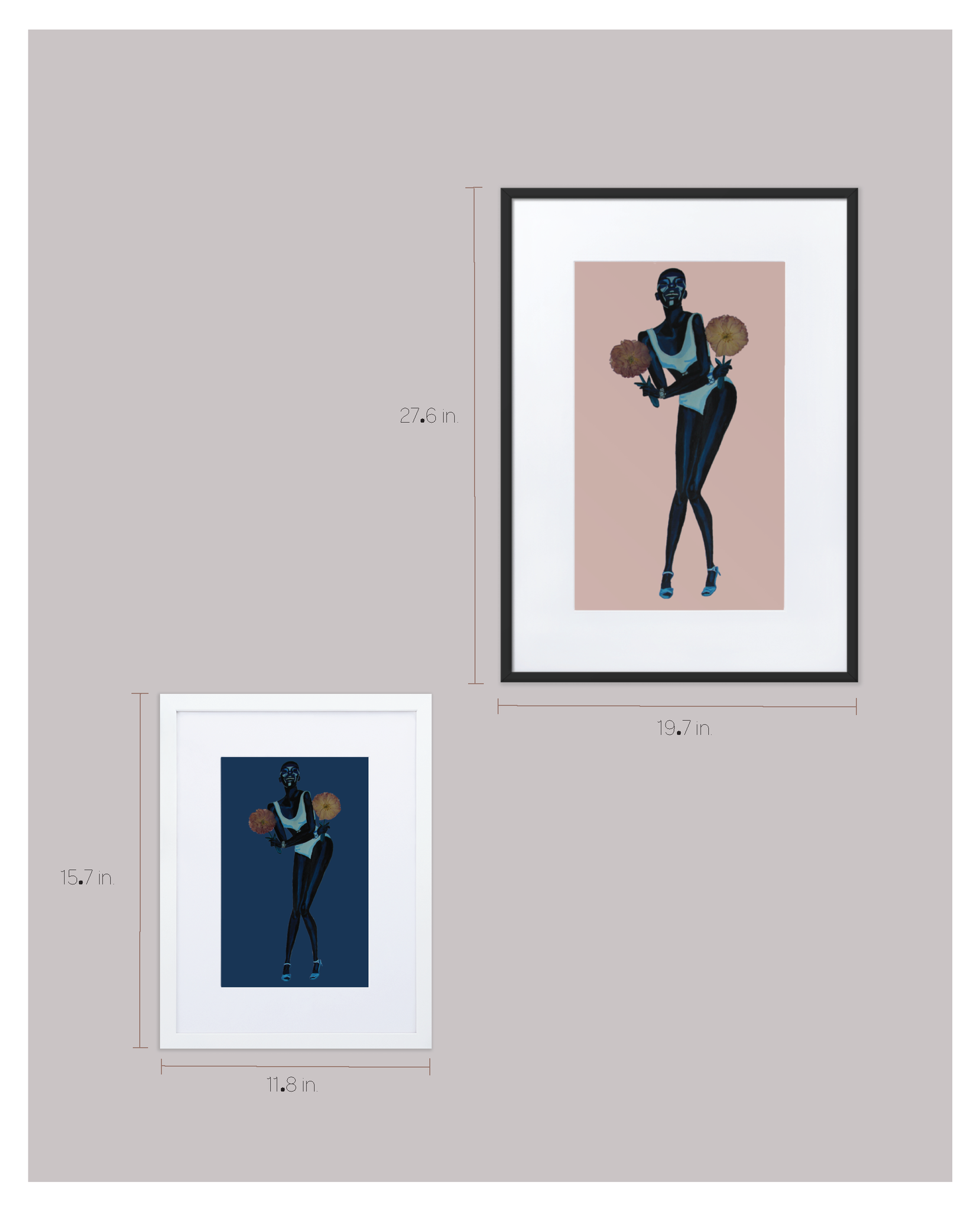 Two size options and two color options for framed prints with matting featuring a painting of Black model Adut Akech wearing a Chanel swimsuit and holding pressed flowers