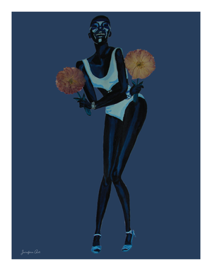 8.5 by 11 inch Black fashion illustration print of an original painting of Adut Akech modeling a Chanel swimsuit and holding pressed flowers with a dark blue background