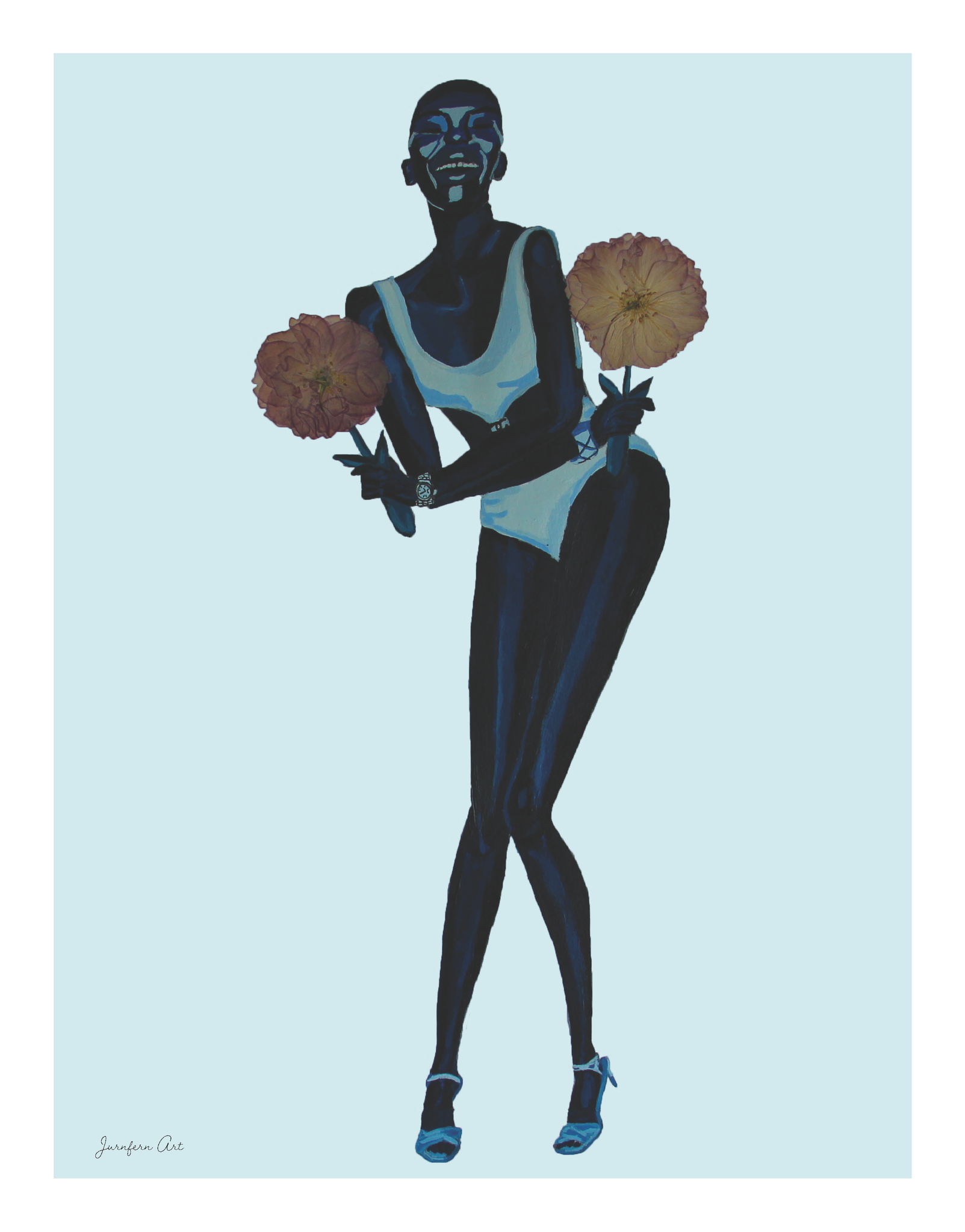 8.5 by 11 inch Black fashion illustration print of a painting of model Adut Akech modeling a Chanel swimsuit and holding pink pressed flowers with a light blue background