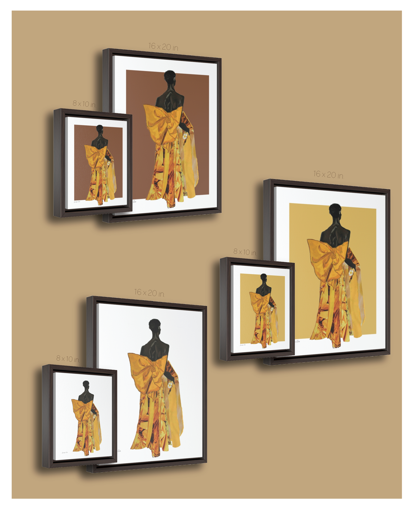 A chart showing the two available sizes and three available colors of the Jurnfern Art framed canvas featuring an illustration of model Akiima Ajak wearing a yellow Valentino gown with a large bow on the back