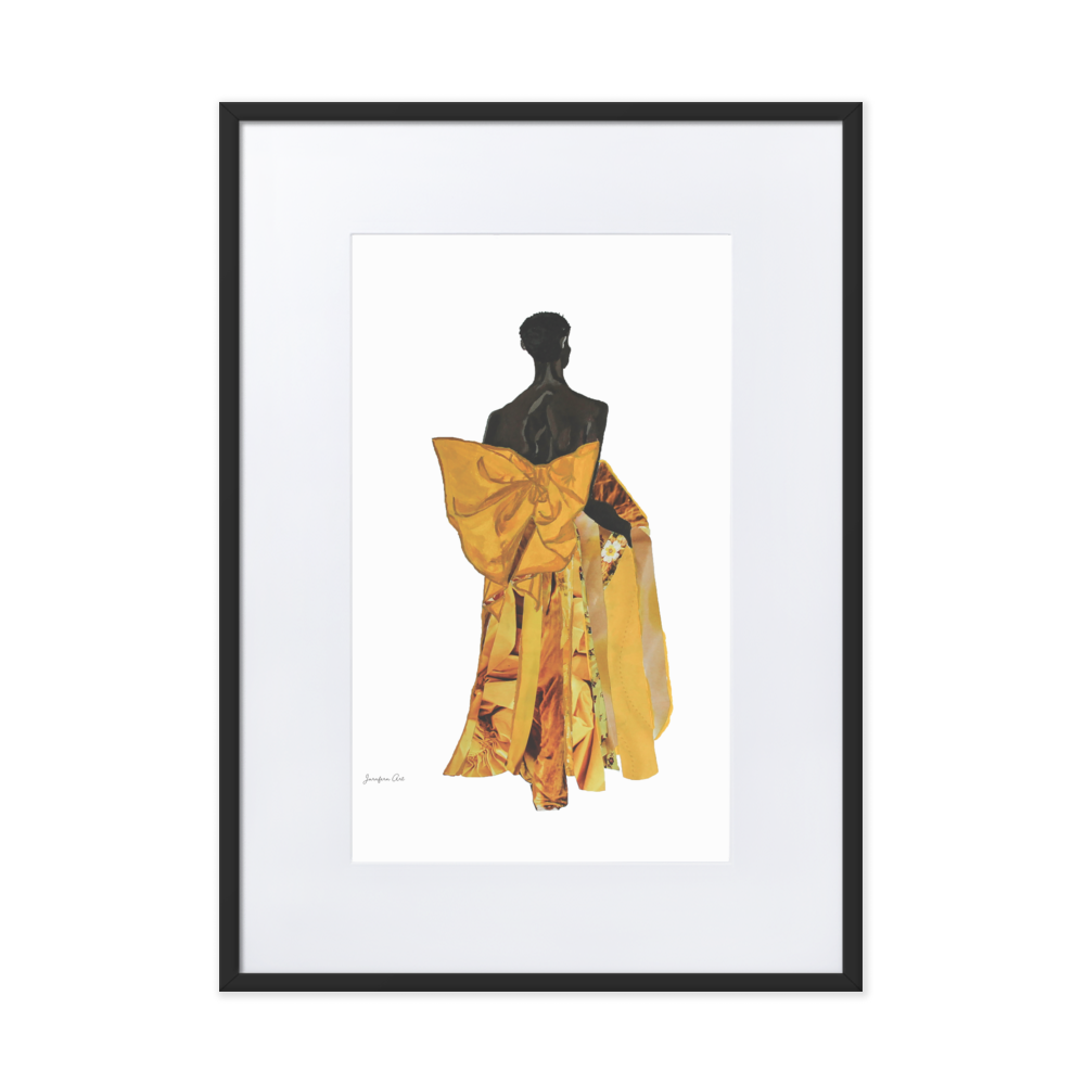 A black framed print with a white boarder and an illustration of Black model Akiima Ajak wearing a yellow Valentino gown with a large bow on the back, and a white background