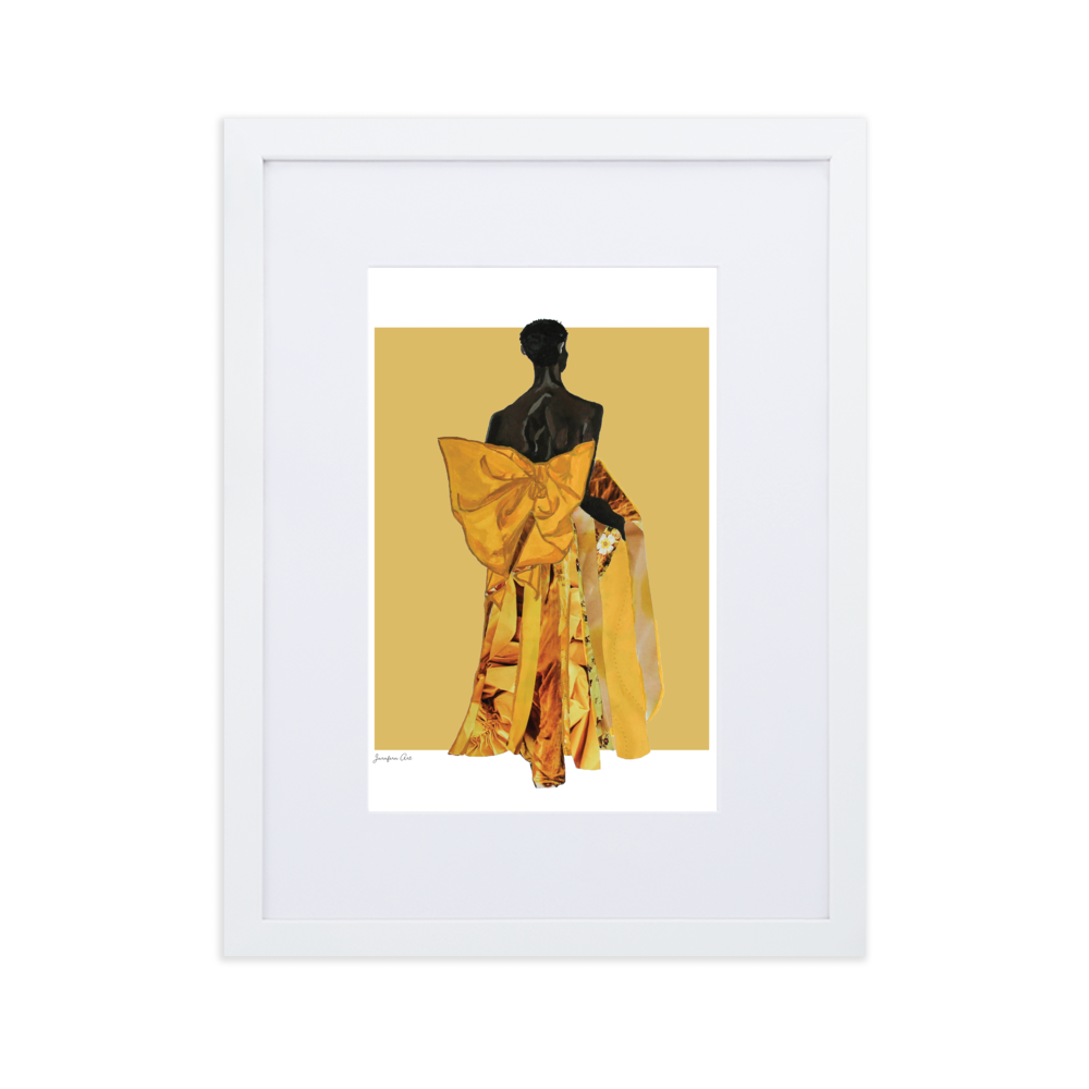 A white framed print with a white boarder and an illustration of Black model Akiima Ajak wearing a yellow Valentino gown with a large bow on the back, and a yellow background