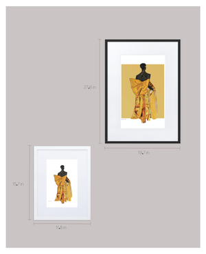 A chart that shows the two size options available for the Akiima Ajak Valentino Collage Dress Fashion Illustration Framed Gallery Wrap Canvas