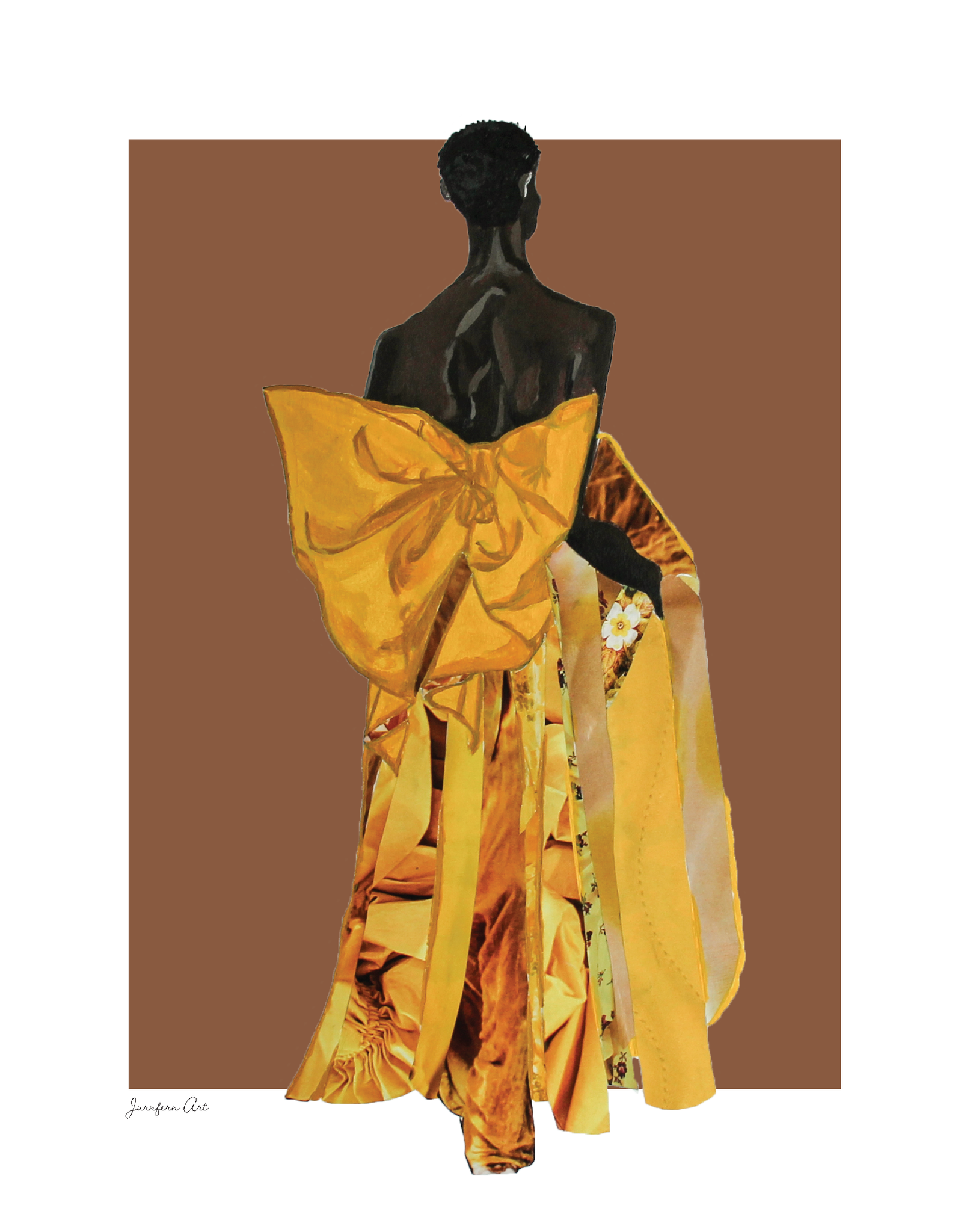 A collage fashion illustration of Black model Akiima Ajak wearing a yellow Valentino gown with a large bow on the back, and a brown background
