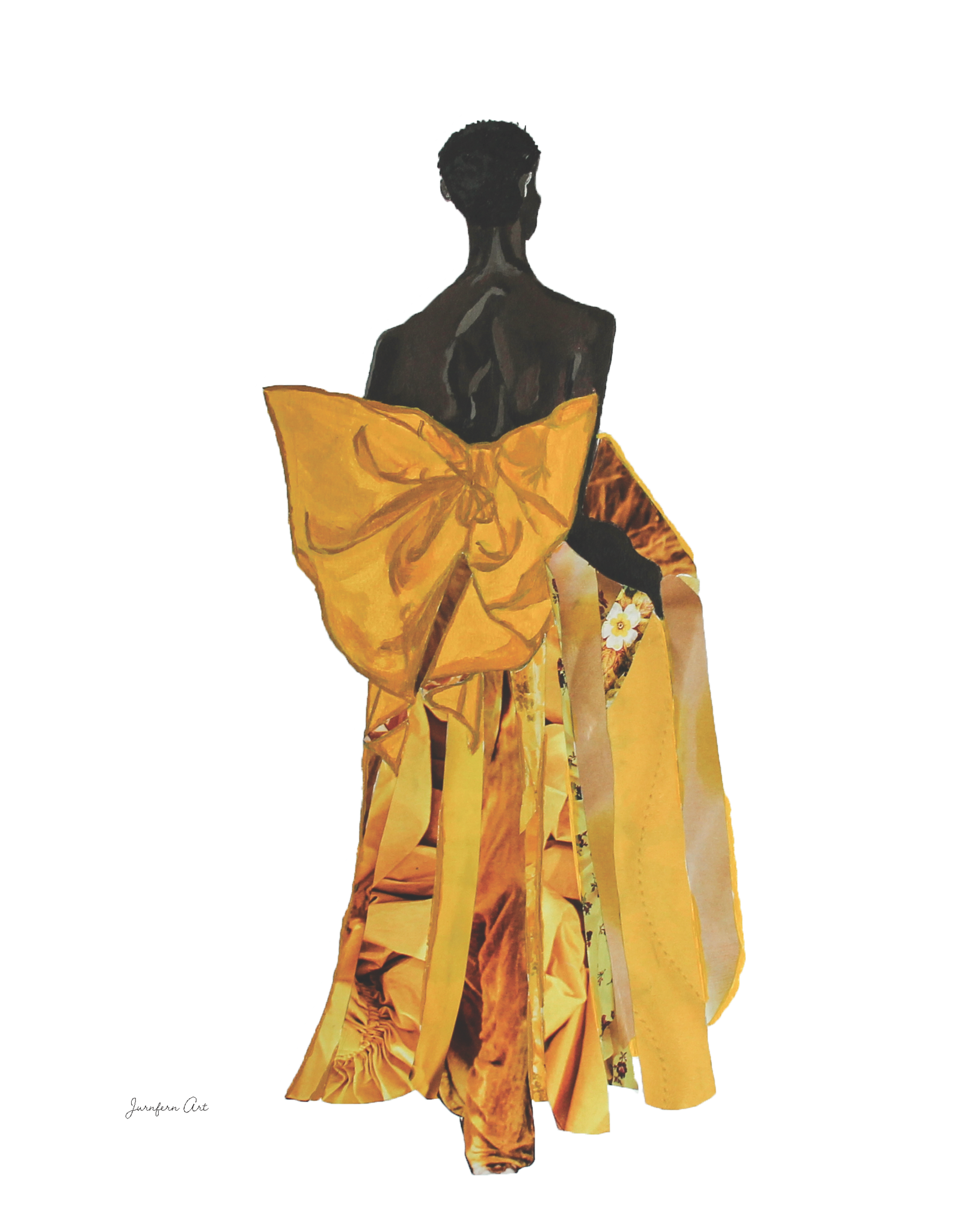 A collage fashion illustration of Black model Akiima Ajak wearing a yellow Valentino gown with a large bow on the back, and a white background