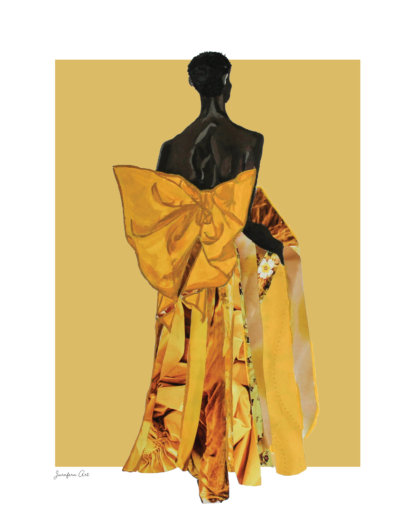 A collage fashion illustration of Black model Akiima Ajak wearing a yellow Valentino gown with a large bow on the back, and a yellow background