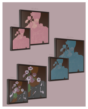 A chart showing the two size options and three color options for the Jurnfern Art Girl with Flower Vase Framed Gallery Wrap Canvas