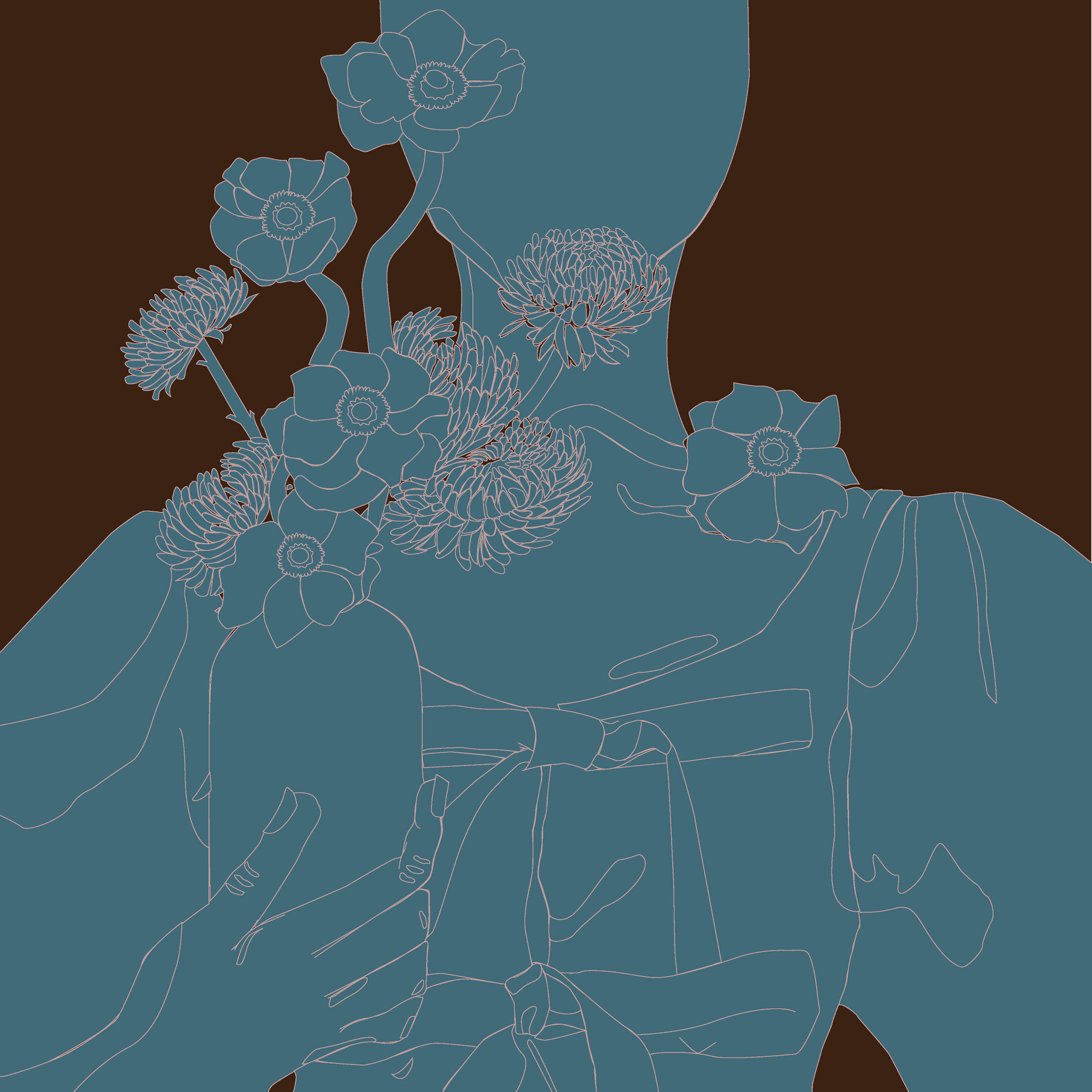 A monochrome blue graphic illustration of a woman in a top with bows holding a vase of flowers, with a brown background