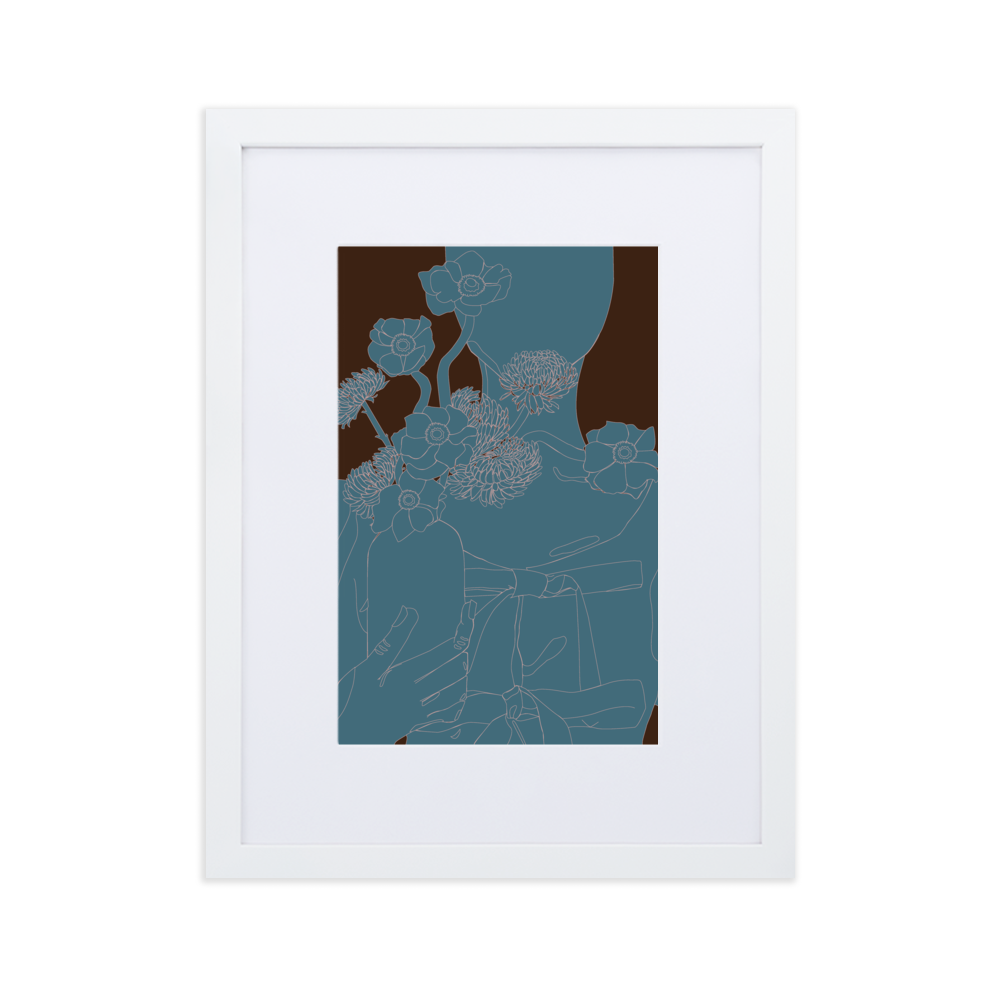 A minimalist monochrome blue line drawing of a woman holding a vase of flowers, framed in a white frame with a white mat boarder