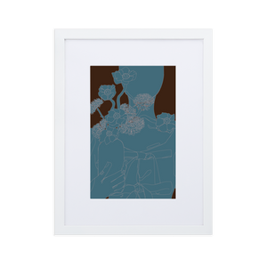 A minimalist monochrome blue line drawing of a woman holding a vase of flowers, framed in a white frame with a white mat boarder