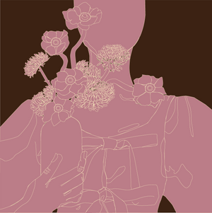 A monochrome pink graphic illustration of a woman in a top with bows holding a vase of flowers, with a brown background
