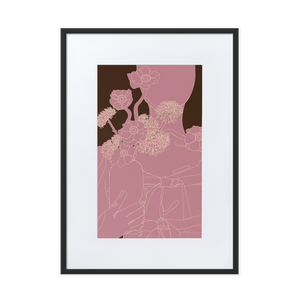 A minimalist monochrome pink line drawing of a woman holding a vase of flowers, framed in a black frame with a white mat boarder