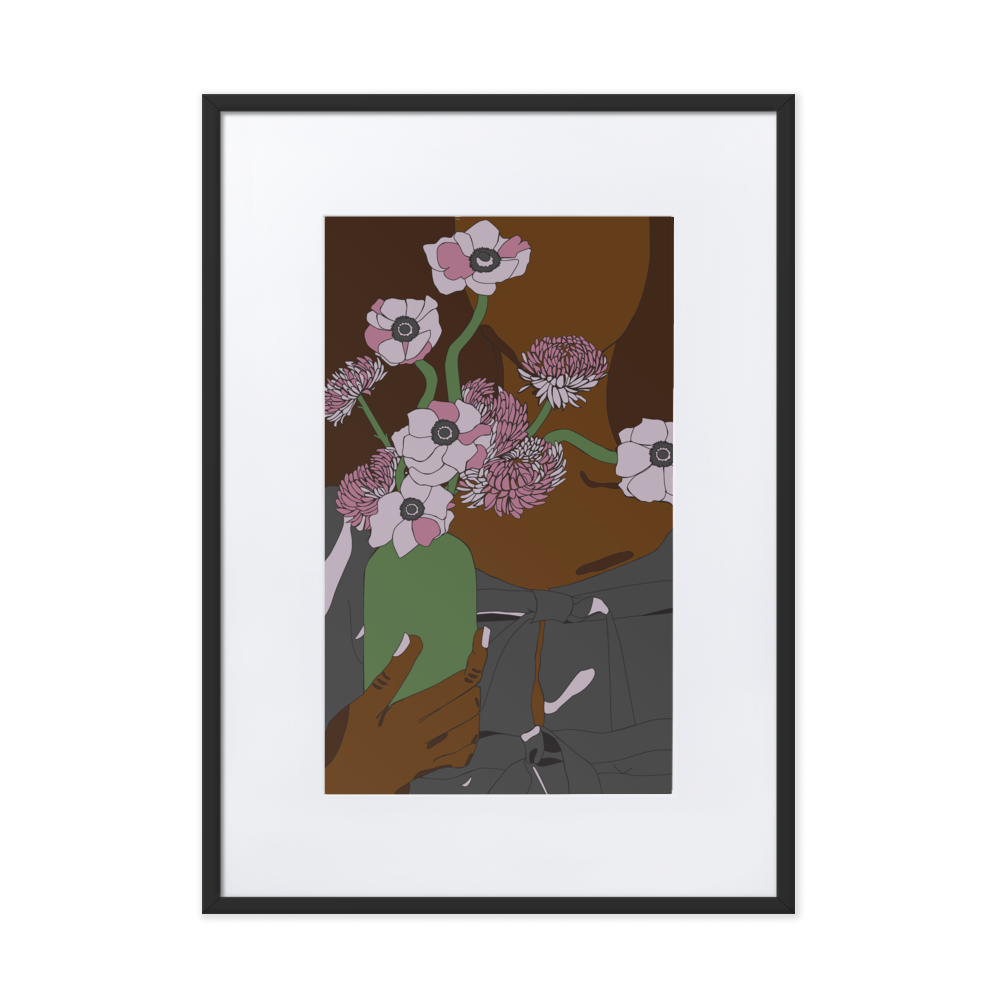 A minimalist graphic illustration of a Black woman holding a vase of flowers, framed in a black frame with a white mat boarder