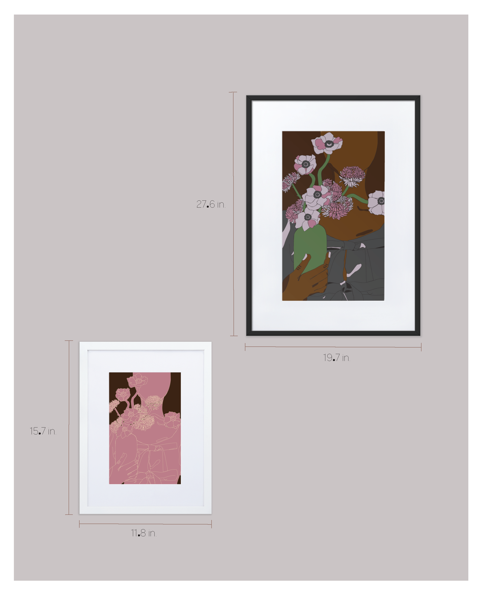 A chart showing two size options of a framed graphic illustration of a woman holding a vase of flowers