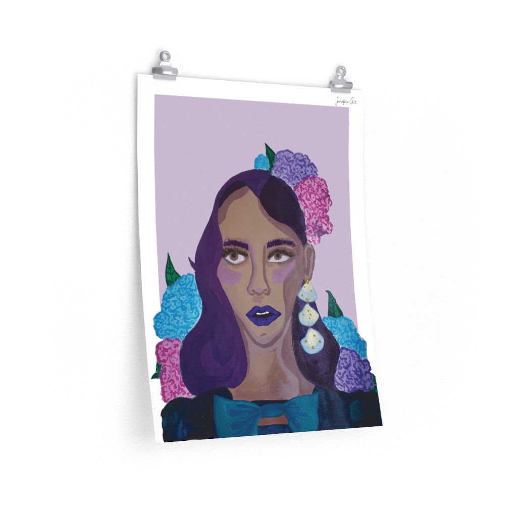 An 18 by 24 inch poster with a portrait illustration of a Black woman, painted in purple hues, wearing a blue velvet dress with a bow at the neckline, and blue and pink hydrangeas in her hair