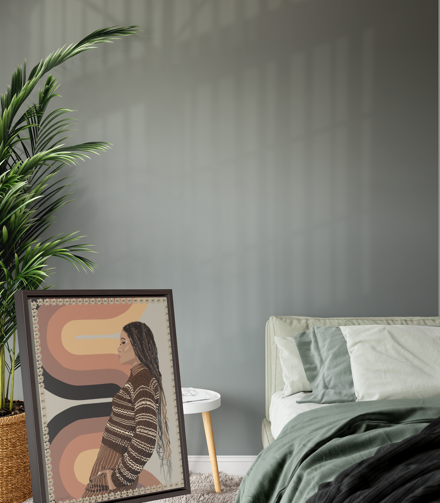 A large framed canvas illustration of Storm Reid standing in front of a 70's print wallpaper and wearing a striped brown sweater with brown men's trousers, standing up against a tall leafy plant next to a bed with sage green bedding