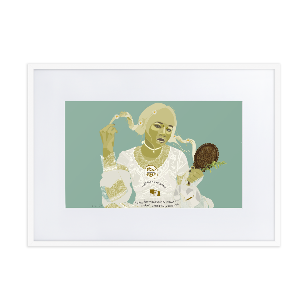 A digital illustration with a sage green background, of actress Storm Reid wearing pigtail braids and a lace and embroidery Burberry dress, while holding a gold frame and some flowers, inside of a white frame with a white mat boarder