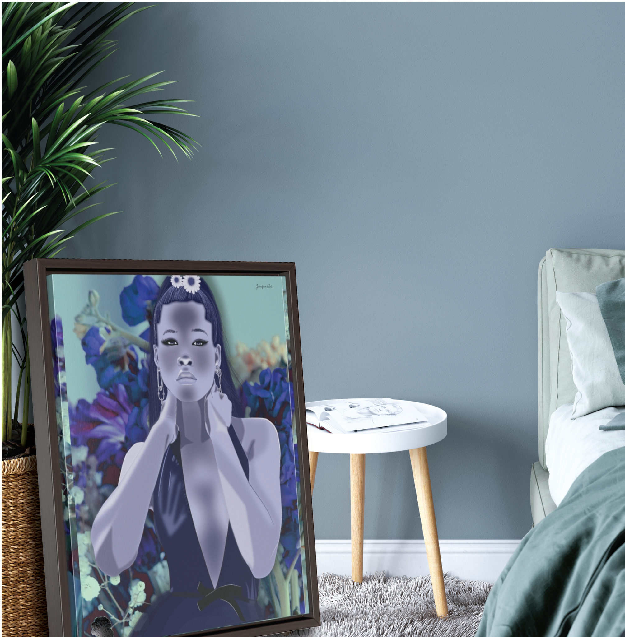 A large framed canvas illustration of actress Storm Reid posing in a blue deep-neck dress, with a blue and purple floral background. The canvas is leaning up against a potted plant next to a bed