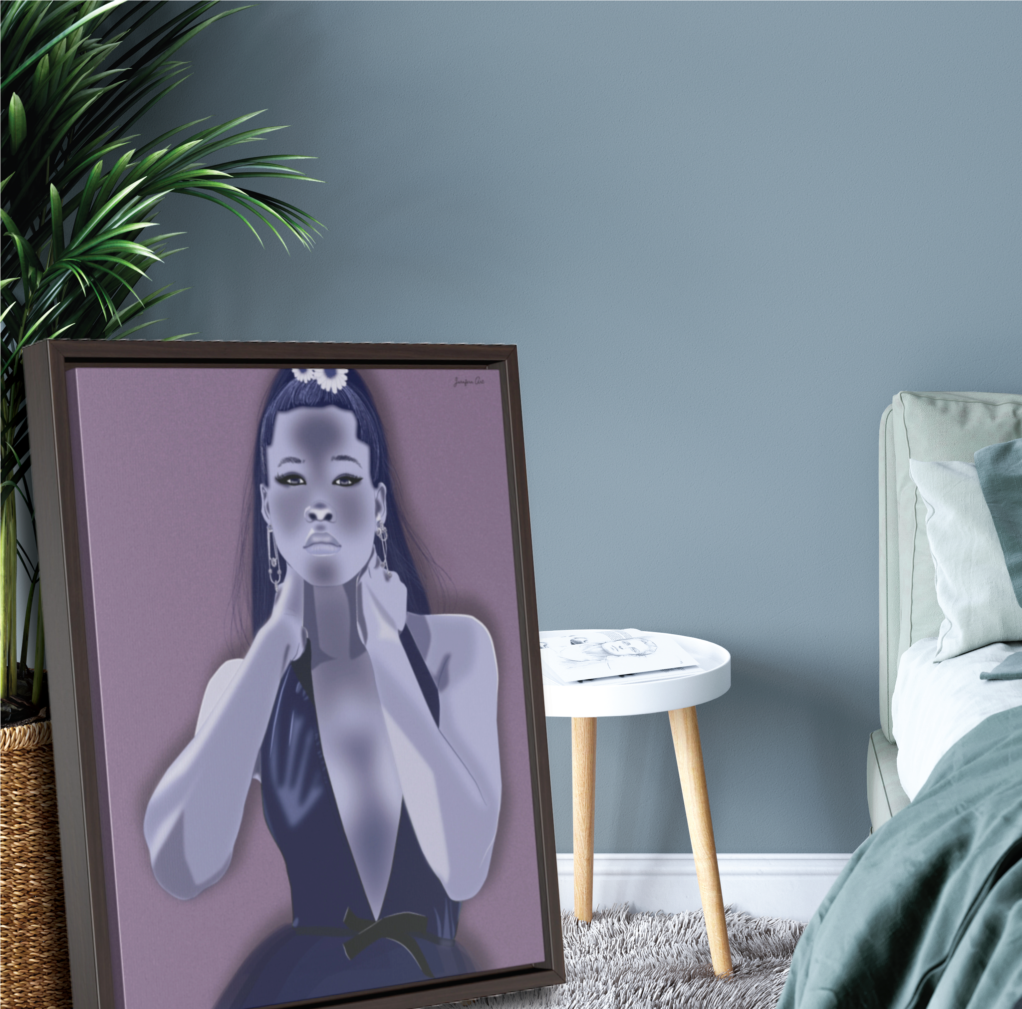 A large framed canvas with a lavender background and an illustration of actress Storm Reid modeling a blue deep V-neck gown. The framed canvas is leaning against a potted plant next to a bed
