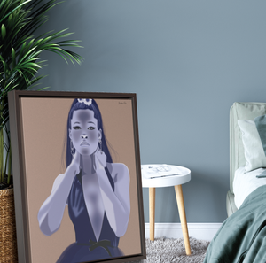 A large framed canvas with a nude background and an illustration of actress Storm Reid modeling a blue deep V-neck gown. The framed canvas is leaning against a potted plant next to a bed