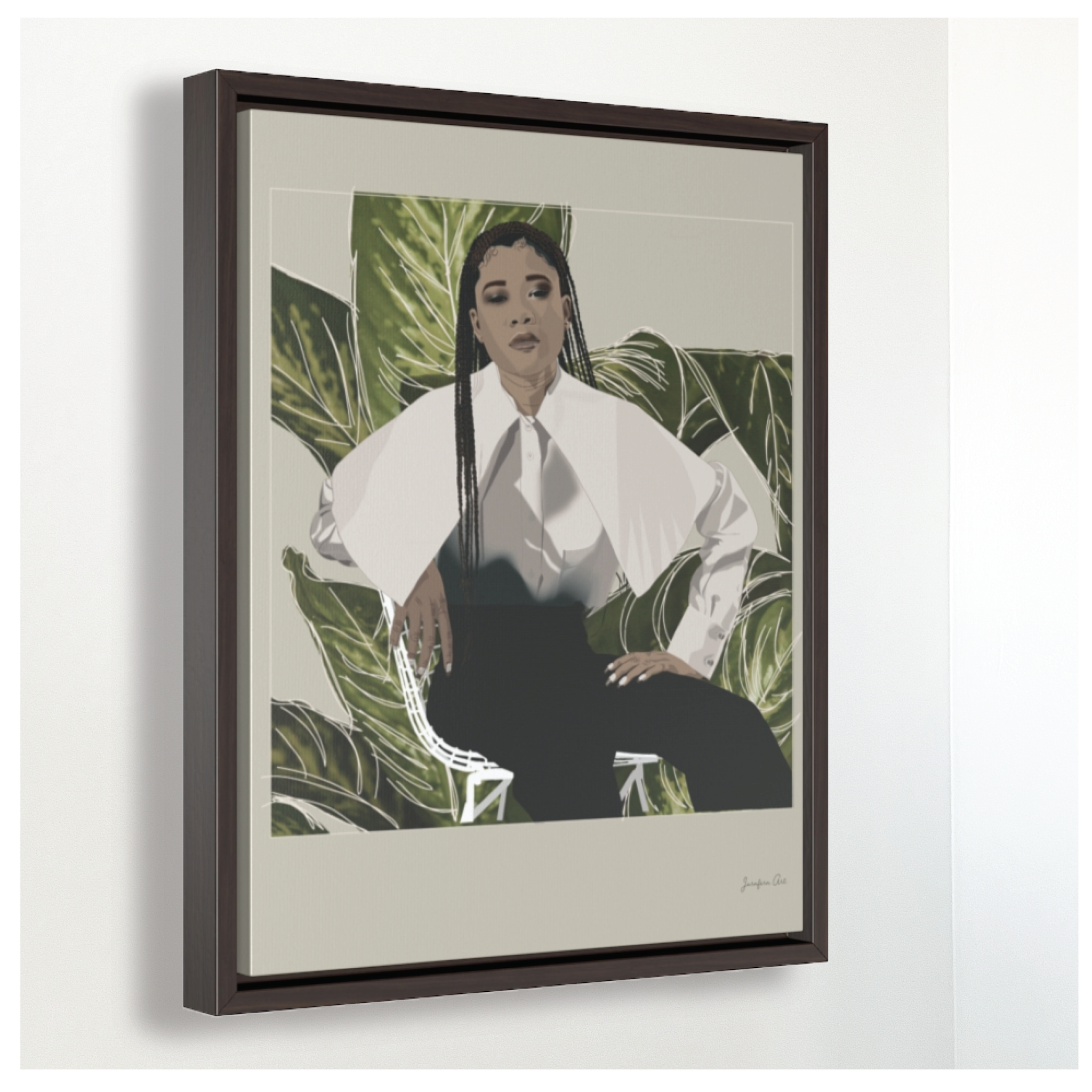 A large framed canvas illustration with a beige background and a digital illustration of actress Storm Reid posing in a chair and wearing a white blouse and black trousers, with a cut-out photo of leaves behind her