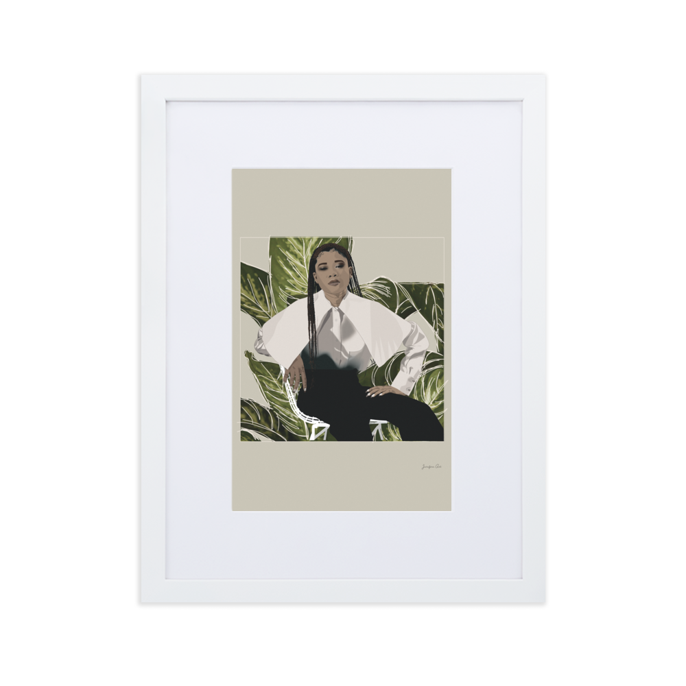 A digital illustration print with a beige background and an image of Storm Reid posing in a chair and wearing a white blouse with black trousers and a cut-out photo of leaves behind her, inside of a white frame with a white mat boarder