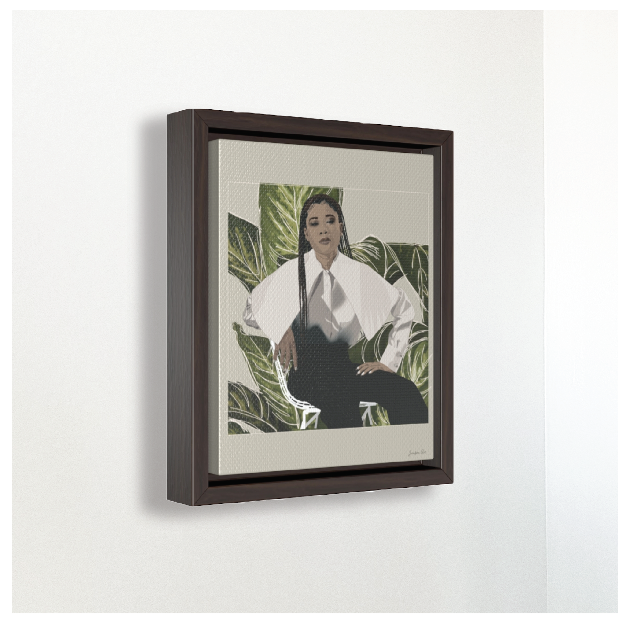 A framed canvas illustration with a beige background and a digital illustration of actress Storm Reid posing in a chair and wearing a white blouse and black trousers, with a cut-out photo of leaves behind her
