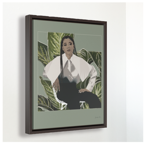 A large framed canvas illustration with a green background and a digital illustration of actress Storm Reid posing in a chair and wearing a white blouse and black trousers, with a cut-out photo of leaves behind her
