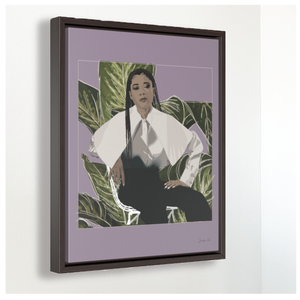 A large framed canvas illustration with a lavender background and a digital illustration of actress Storm Reid posing in a chair and wearing a white blouse and black trousers, with a cut-out photo of leaves behind her