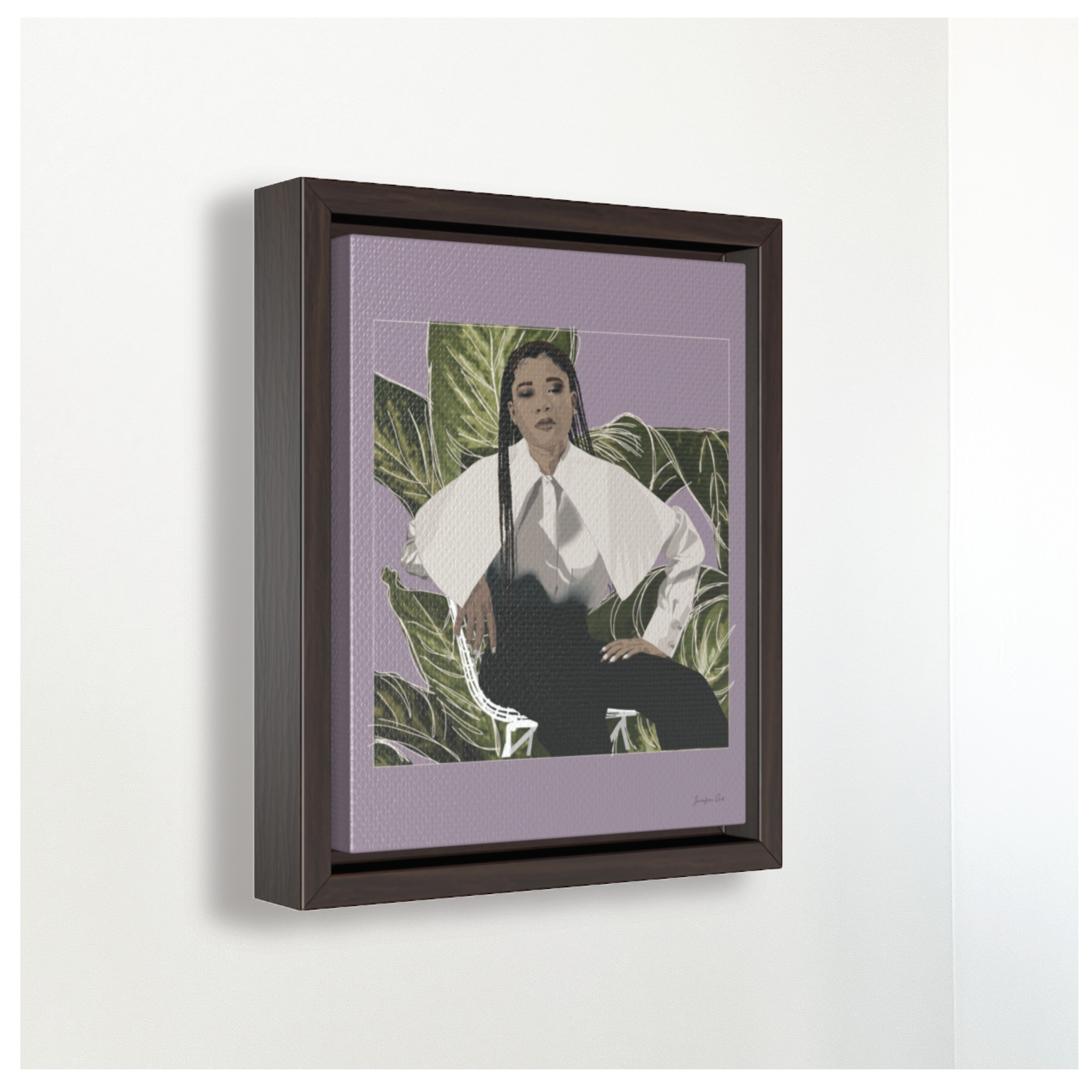 A small framed canvas illustration with a lavender background and a digital illustration of actress Storm Reid posing in a chair and wearing a white blouse and black trousers, with a cut-out photo of leaves behind her