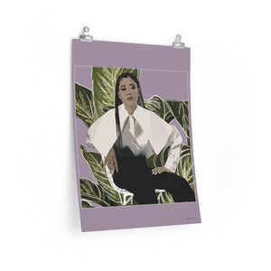 A 18 by 24 inch poster with a lavender background and a digital illustration of Storm Reid posing in chair and wearing a white blouse with black trousers, with a cut-out photo of leaves behind her