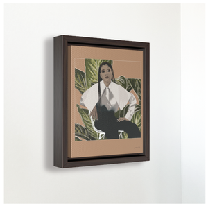 A small framed canvas illustration with an orange background and a digital illustration of actress Storm Reid posing in a chair and wearing a white blouse and black trousers, with a cut-out photo of leaves behind her