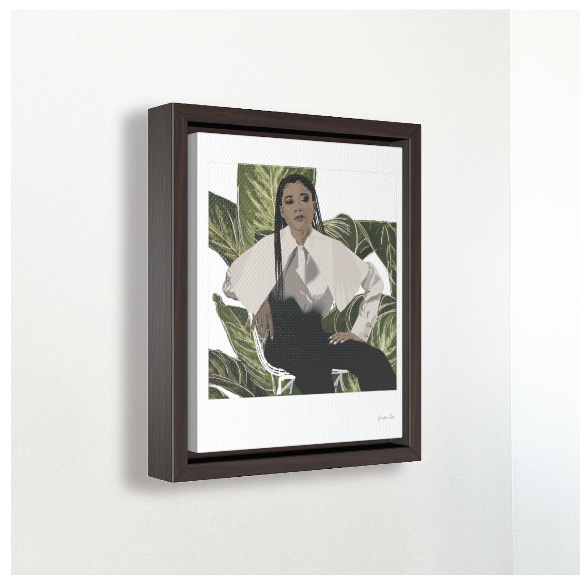 A small framed canvas illustration with a white background and a digital illustration of actress Storm Reid posing in a chair and wearing a white blouse and black trousers, with a cut-out photo of leaves behind her