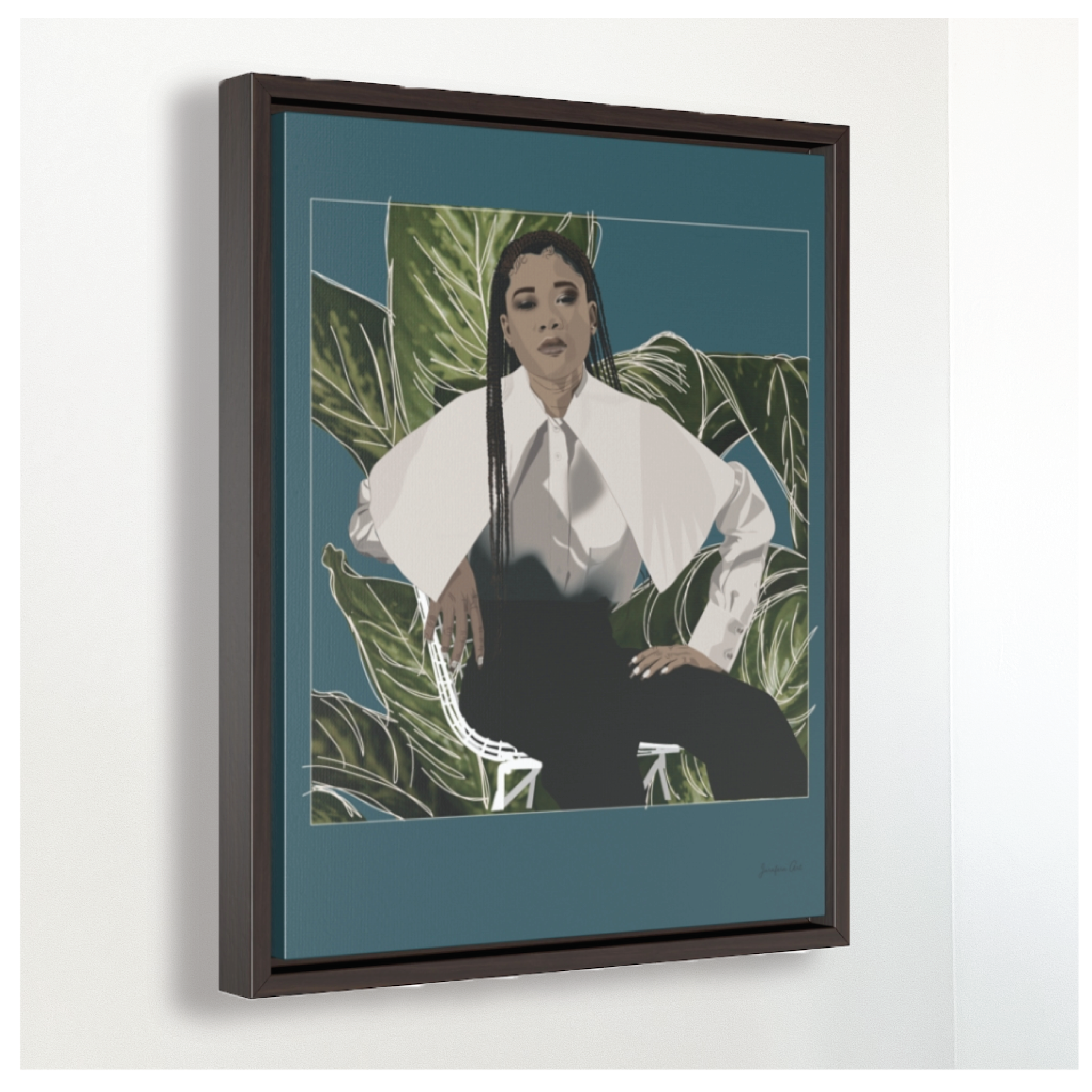 A large framed canvas illustration with a teal background and a digital illustration of actress Storm Reid posing in a chair and wearing a white blouse and black trousers, with a cut-out photo of leaves behind her