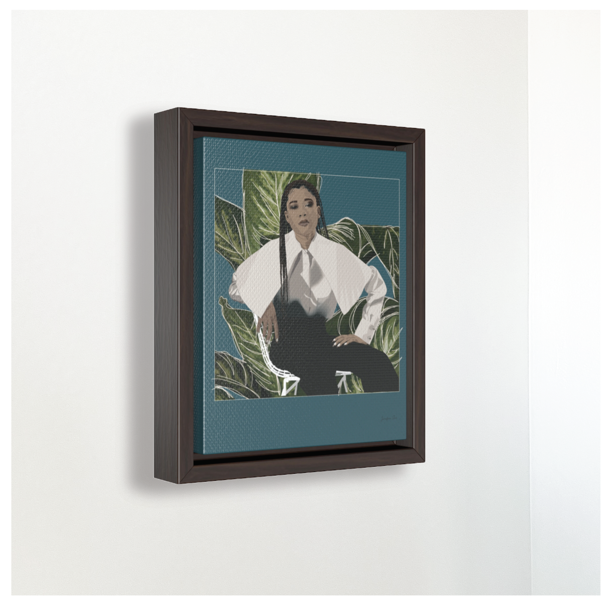 A small framed canvas illustration with a teal background and a digital illustration of actress Storm Reid posing in a chair and wearing a white blouse and black trousers, with a cut-out photo of leaves behind her