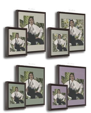 A chart showing two size options and four background color options for a framed canvas illustration of actress Storm Reid posing in a chair and wearing a white blouse and black trousers, with cut-out photo of leaves behind her